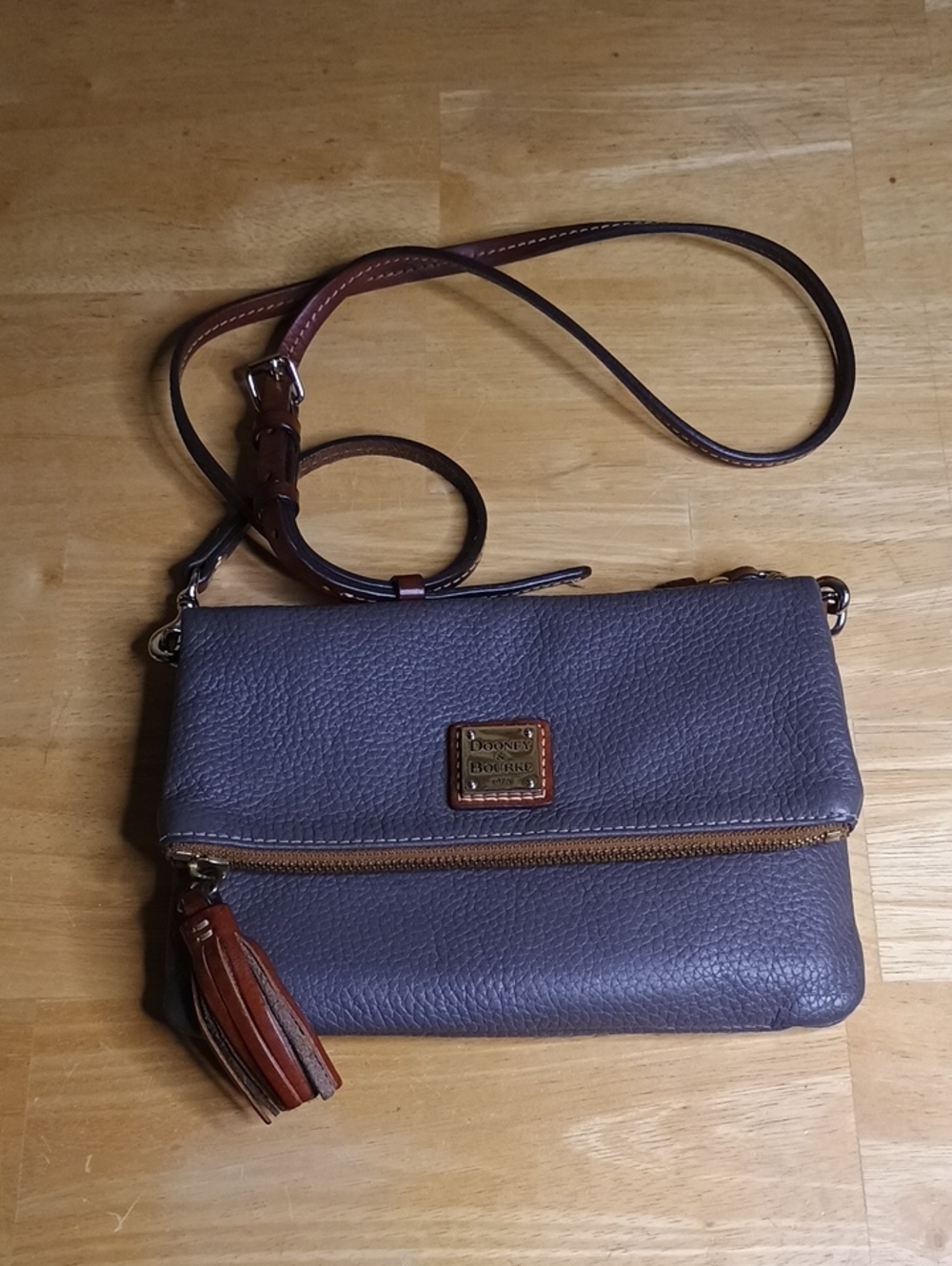 Dooney & Bourke Gray Pebbled Leather Foldiver Crossbody with Brown Trim